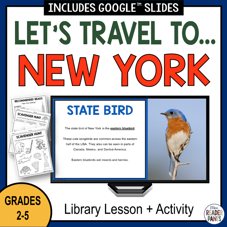 State bird slide on monitor with printable scavenger hunts and recommended reads, and text: Let's travel to New York; Grades 2-5.