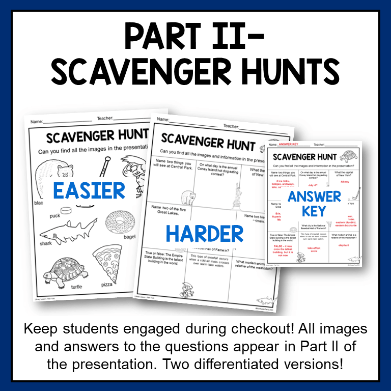 Printable scavenger hunts with easier and harder versions and answer key.